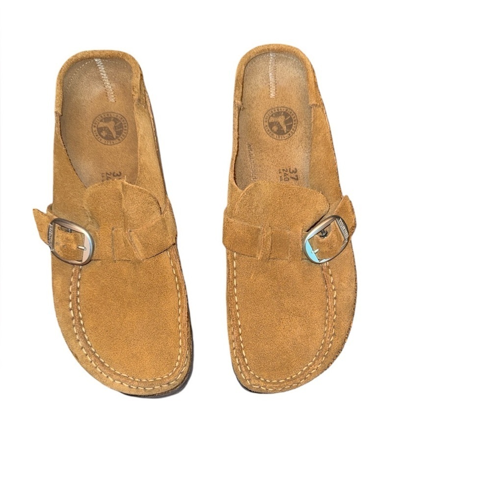 Birkenstock Tan Suede Buckley Mules with Buckle